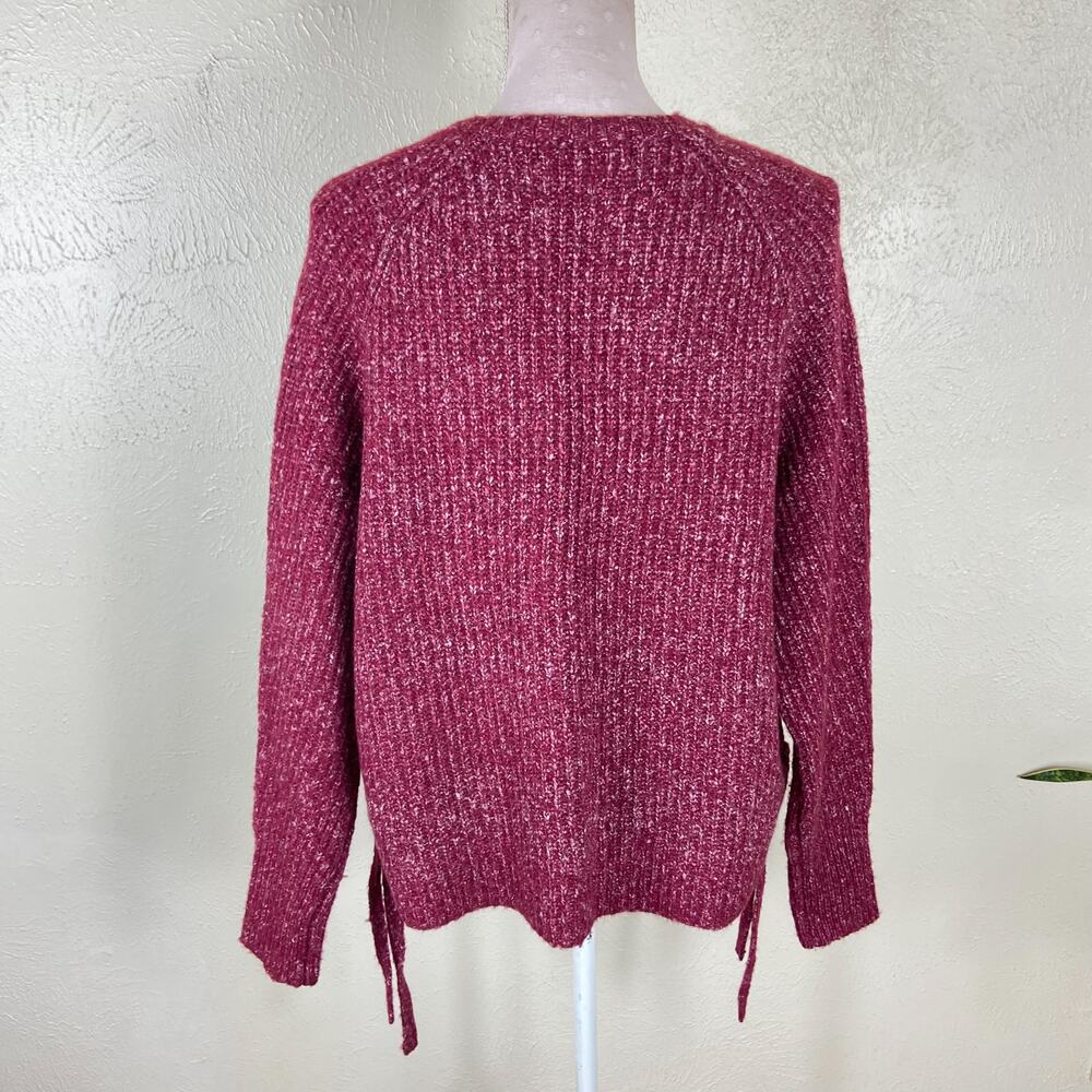 John + Jenn Marled Chunky Knit Sweater Size M Cranberry Burgundy Lace Up Sides - Picture 6 of 9